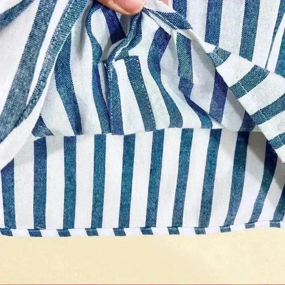 Miss Love Blue/White Stripe Collared Long Sleeve Button Down Tie Crop Top (S) - Picture 7 of 12